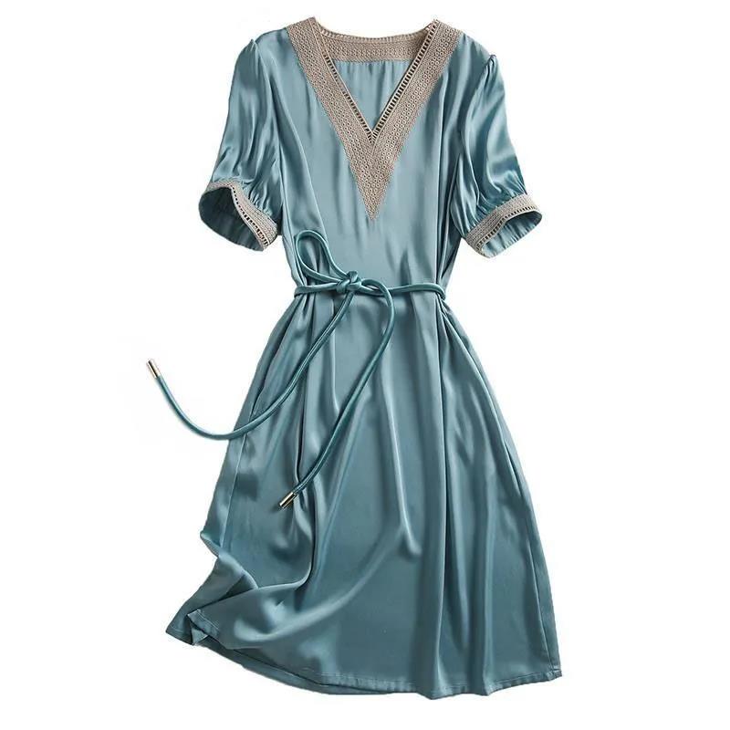 Spring Summer Solid Long Dresses Women Daily Overalls Short Sleeve V-neck Cross Vintage Female Dress Casual Robe