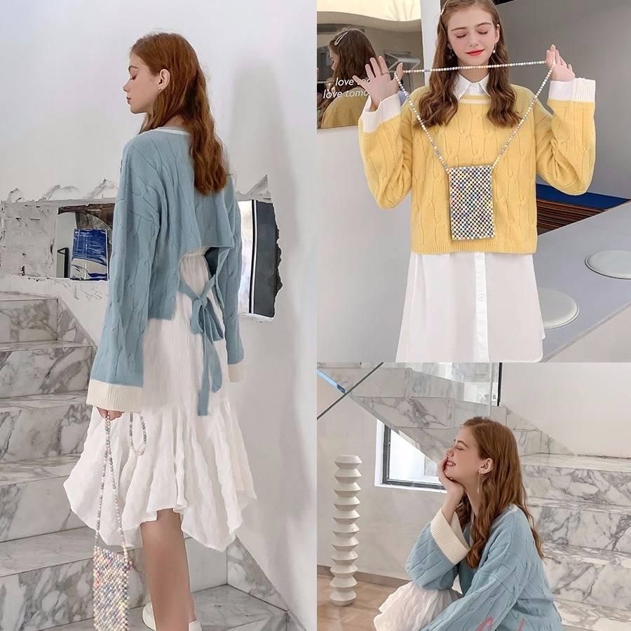 Pofulove Long Sleeve Pullover Twist Back Split Lace Up Sweater Personality Color Matching Sweater
