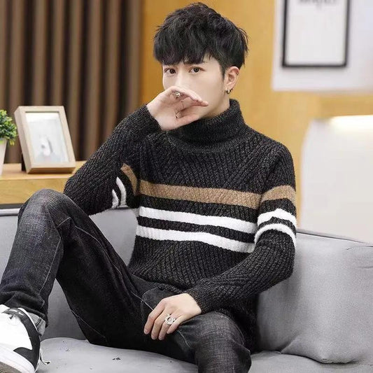 Style for Autumn and Winter Sweater Men's Half-Collar Korean Version Thick Knitted Sweater Line Clothes Imitation Mink Velvet