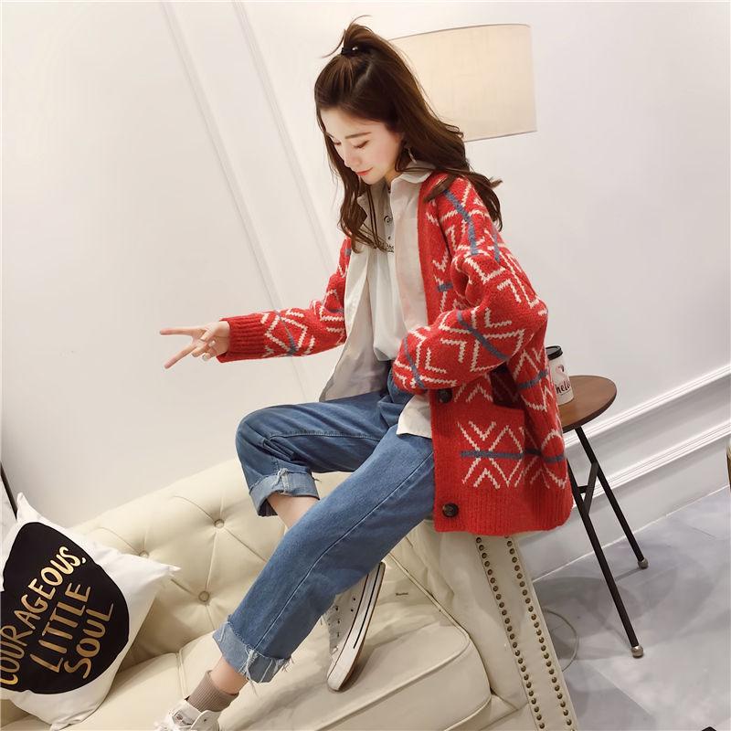 Women Vintage Printed Checked Sweater Cardigan with Pockets Outerwear Casual Thick Knitted Jacket Coat