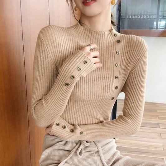 Button half-neck sweater women's bottoming shirt autumn and winter new head-sleeved slim sweater