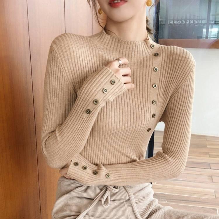 Button half-neck sweater women's bottoming shirt autumn and winter new head-sleeved slim sweater