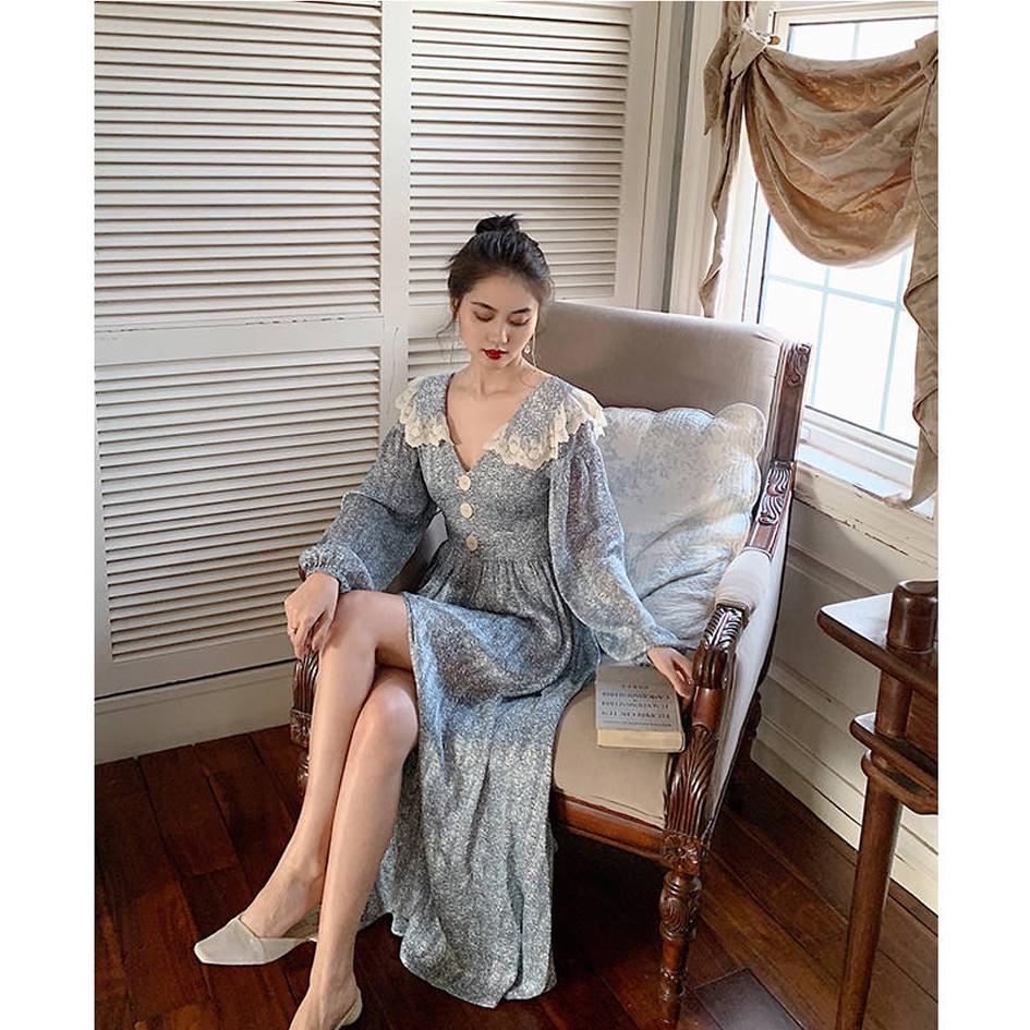 Summer Women Dress for Ladies Long Sleeve Vintage Chiffon Shirt Dress Casual Floral Long Dress