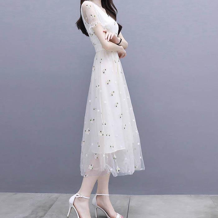 Pofulove S-3XL Women Summer V-neck Chiffon Mesh Dress Slim Sexy Short-sleeved Long A-line Dress