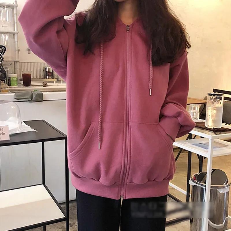 Hooded Sweater Women's Fleece Bf Loose Zipper Top Autumn and Winter Cardigan Ins Ladies Coat