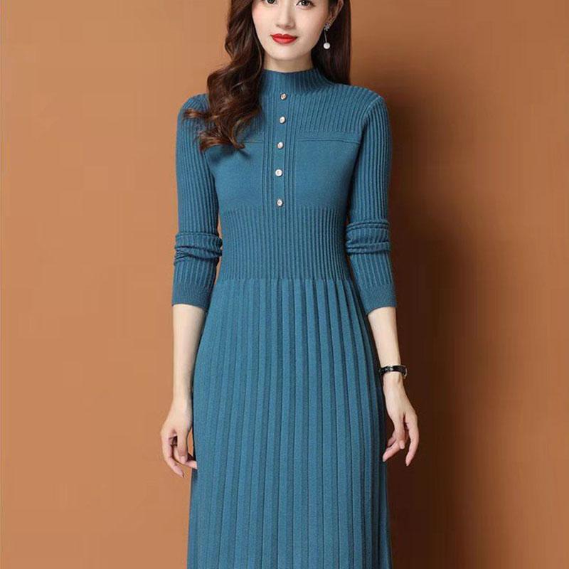 Autumn and Winter Thick Knitted Dress Mid-length Over The Knee Casual Bottoming Skirt Fashion Solid Color Women's Sweater Dress