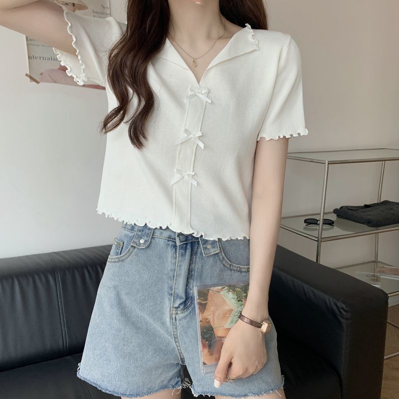 V-neck Short-sleeved T-shirt Women's Summer Slim Short Fungus Edge Knitted Sweater Ice Silk Thin Top