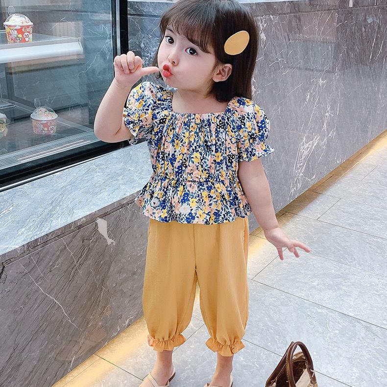 Girls Suit Summer Thin Korean Style Floral Short Sleeved Trousers Two Piece Set Casual Wear with Ruffles Puff Sleeve