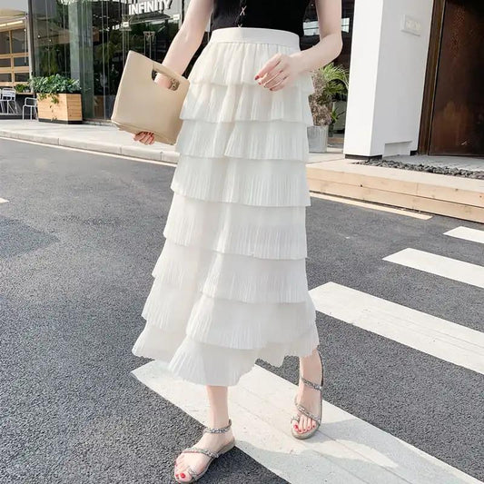 Mesh Chiffon Skirt Pleated Skirt High Waist Slimming Mid-length Multi-layer Cake Skirt Women's Elegant Skirt