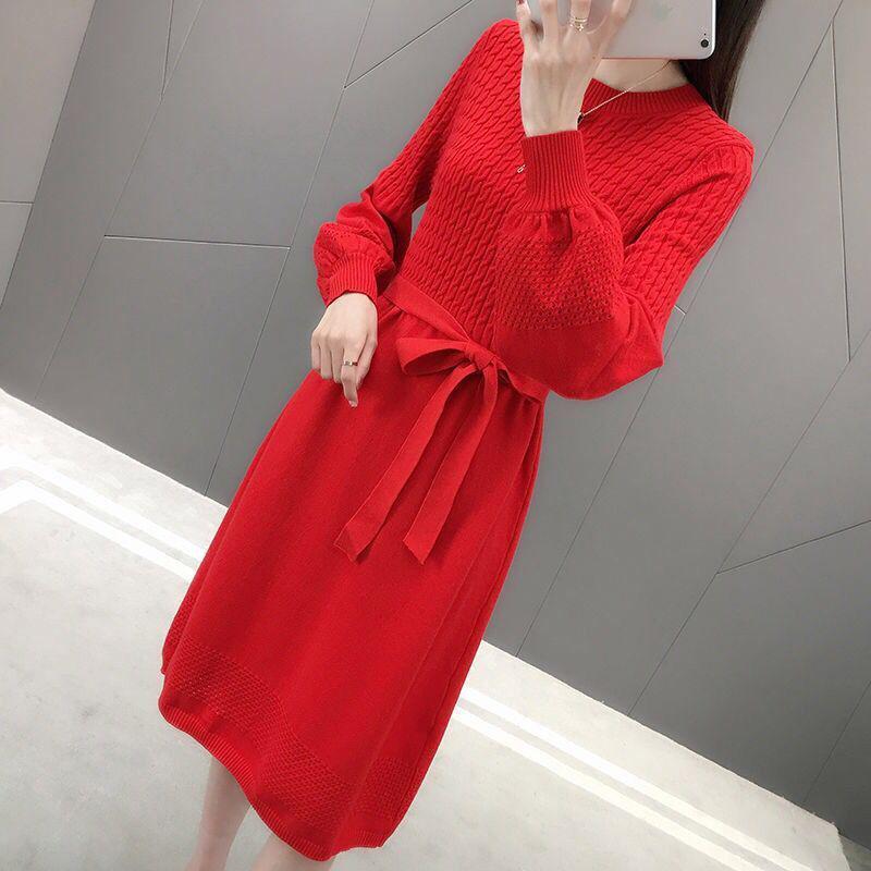 Knit Dress Women Autumn and Winter Loose Mid-length Over-the-knee Sweater Bottoming Tie Belt Slim-fit Sweater Dress Puff Sleeve Sweater