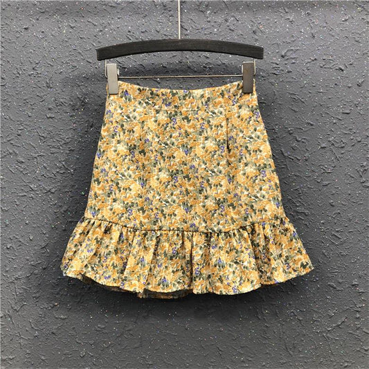 Women Skirts Floral Printed A-line Mini Skirts Ruffles Pleated Skirts Beach Holidays Casual Skirts
