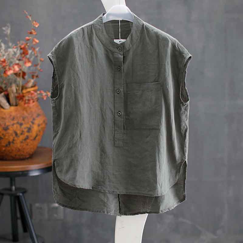 Summer Solid Color Loose Large Size Sleeveless Stand Collar T-Shirt Top Pullover Shirt
