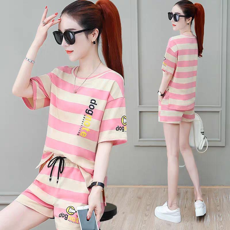 Cotton Striped Sports Suit Women Loose Round Neck Short Sleeve Tethered Shorts Two-piece Running Casual Wear Cute Home Wear Pajamas