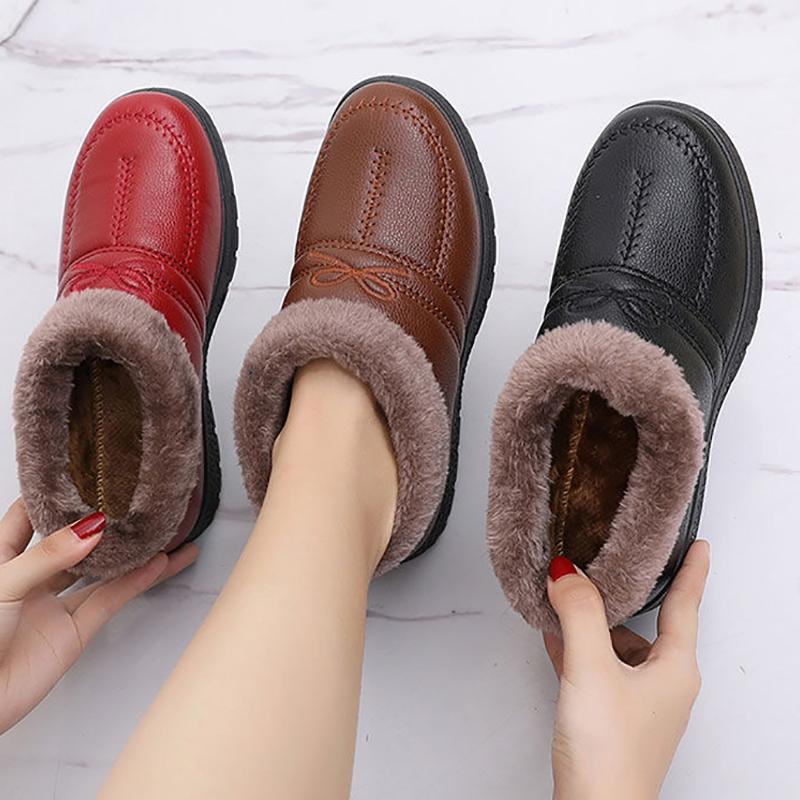 Winter Plus Velvet Warm Cotton Shoes Women's PU Waterproof Non-slip Mother Shoes Comfortable and Lightweight Flat Low-heel Snow Shoes