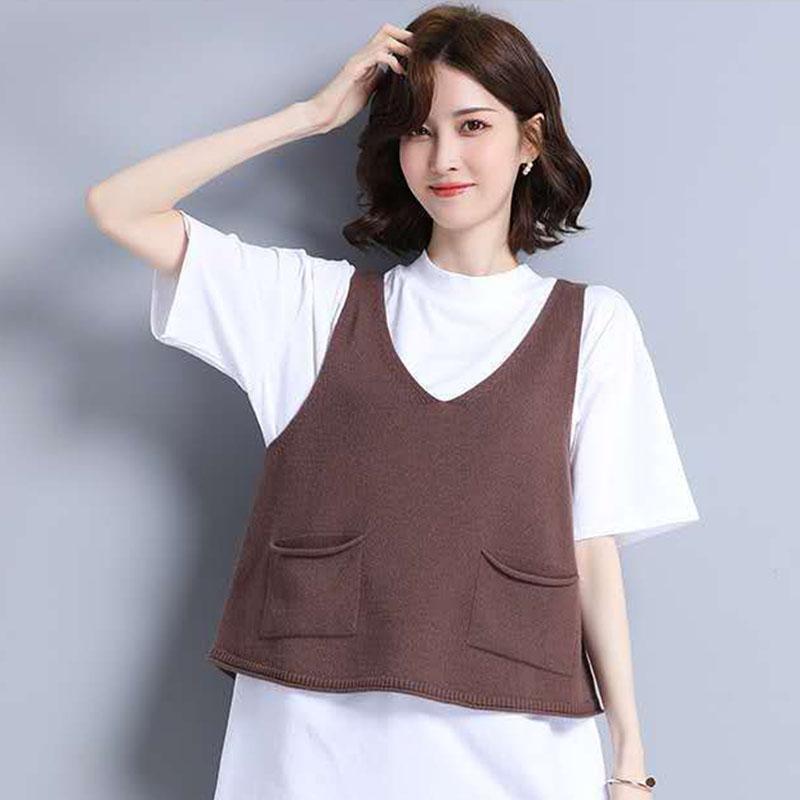 Spring and Autumn Loose Plus Size Vest Solid Color Short Sleeveless Sweater Knitted Outer Wear Women's Top