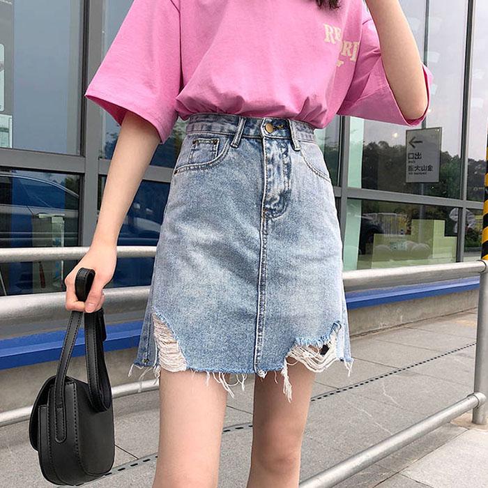 Women Anti-light Ripped Denim Skirt High Waist Slim Package Hip Skirt Mini A-line Skirts