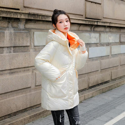 Women's Winter Korean Loose Quilted Coat Warm Stand-collar Down Jacket Women's Glossy Mid-length Down Jacket