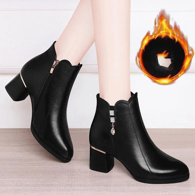 Fleece Short Boots Women's Winter Fashion All-match Thick-heeled Round Toe Boots Short Tube Rhinestone Cotton Shoes