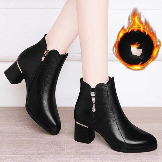 Fleece Short Boots Women's Winter Fashion All-match Thick-heeled Round Toe Boots Short Tube Rhinestone Cotton Shoes
