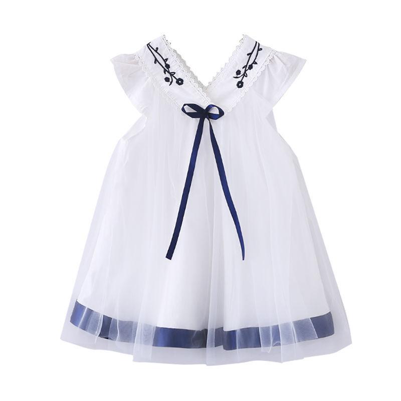 Children Dress Spring Summer Embroidery Kids Clothing  Baby Girls Clothing Solid Yarn Sleeveless Dress Girl
