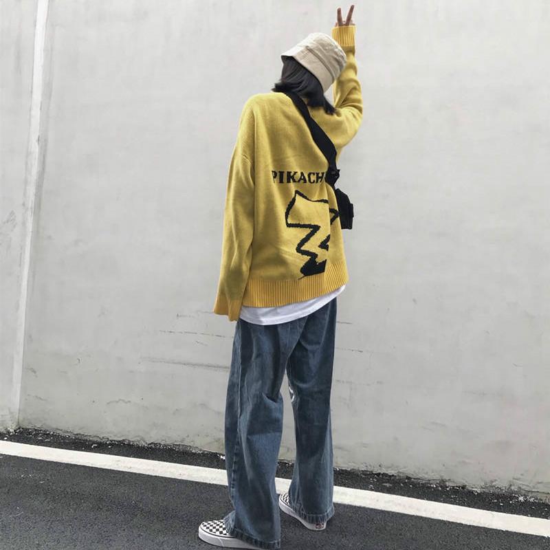Pofulove Winter Pullover Sweater Women Pikachu Cartoon Pattern Harajuku Style Shirt Round Neck Loose