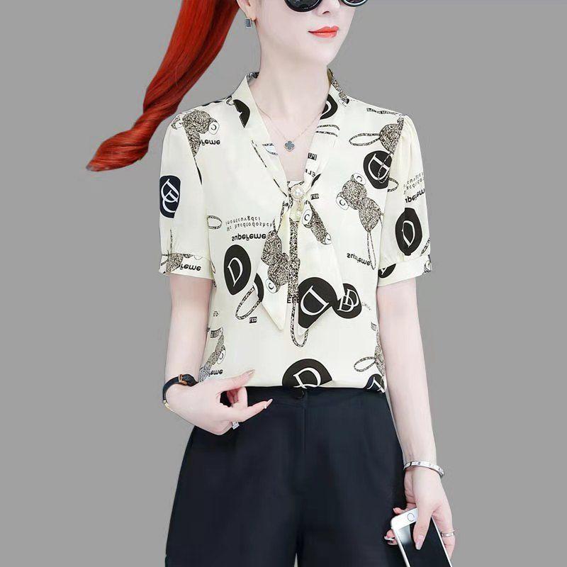 Short-sleeved Chiffon Shirt Ladies Temperament Shirt Summer Top Women's Small Shirt V-neck Neckline Tie Bowknot Fabric Light and Breathable