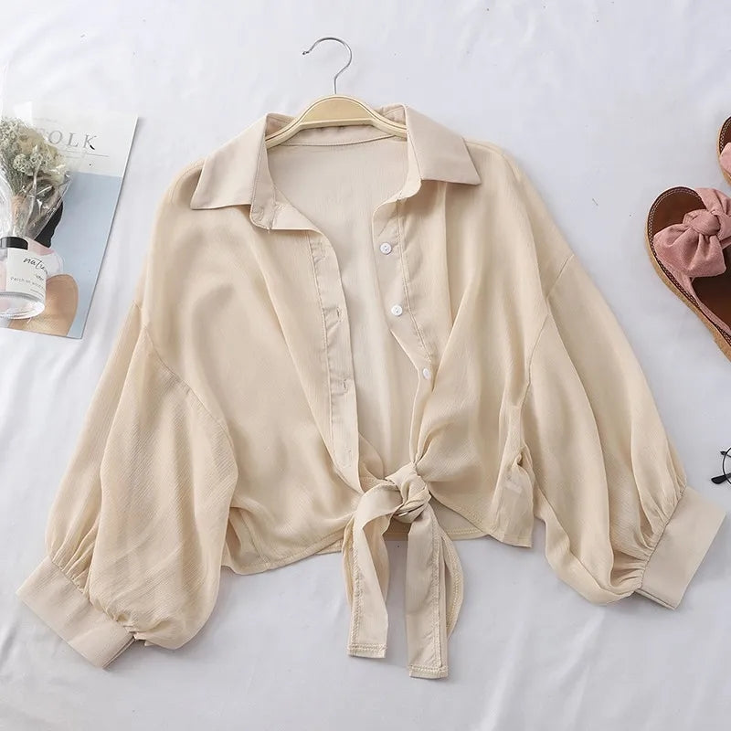 Summer Shirt Half Sleeve Buttoned Up Loose Casual Blouse Chiffon Shirts Women Tied Waist Elegant Blouses for Women
