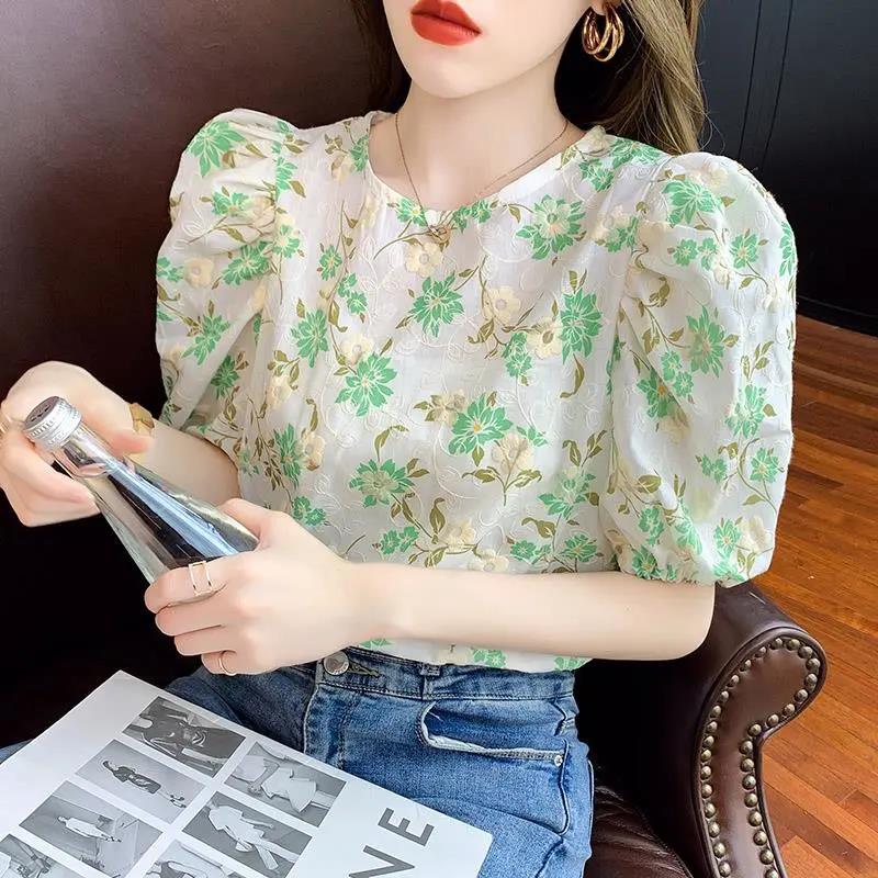 Summer Sweet Puff Sleeve Floral Shirt Women Loose Chiffon Shirt Top