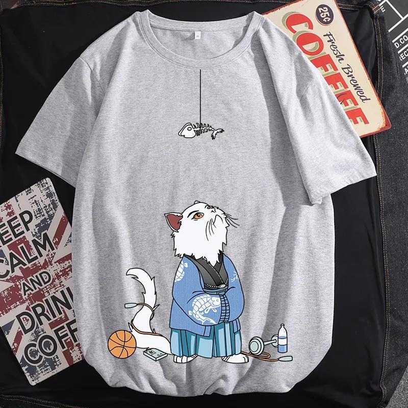 Oversized T-shirts Summer Cartoon Cat Print Shirt Japanese Trendy O-neck Short Sleeve Casual Pullover Men Graphic Clothing