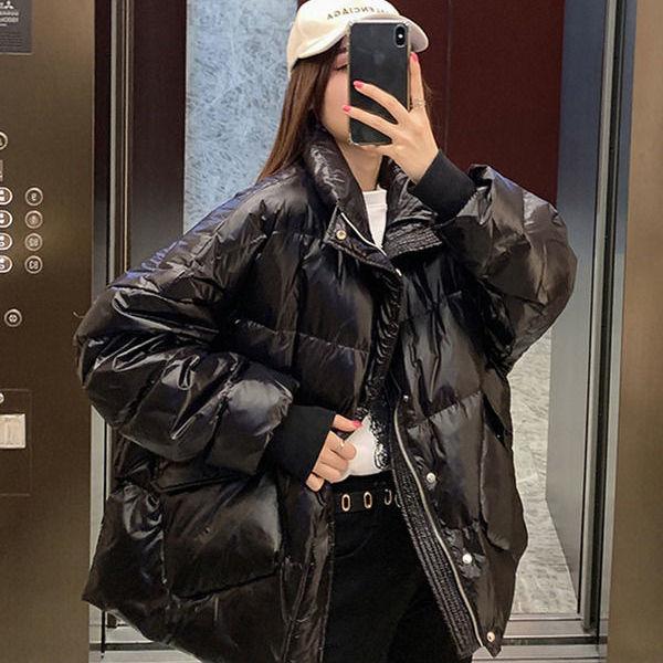 Loose Stand-up Collar Short Down Jacket Women Winter Diagonal Pocket White Duck Down Jacket