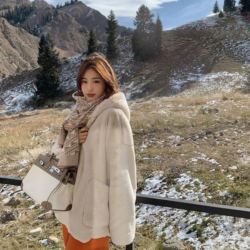 Autumn and Winter Hooded Rabbit Fur Coat Fleece Loose Thick Coat Solid Color Faux Fur Coat Large Size