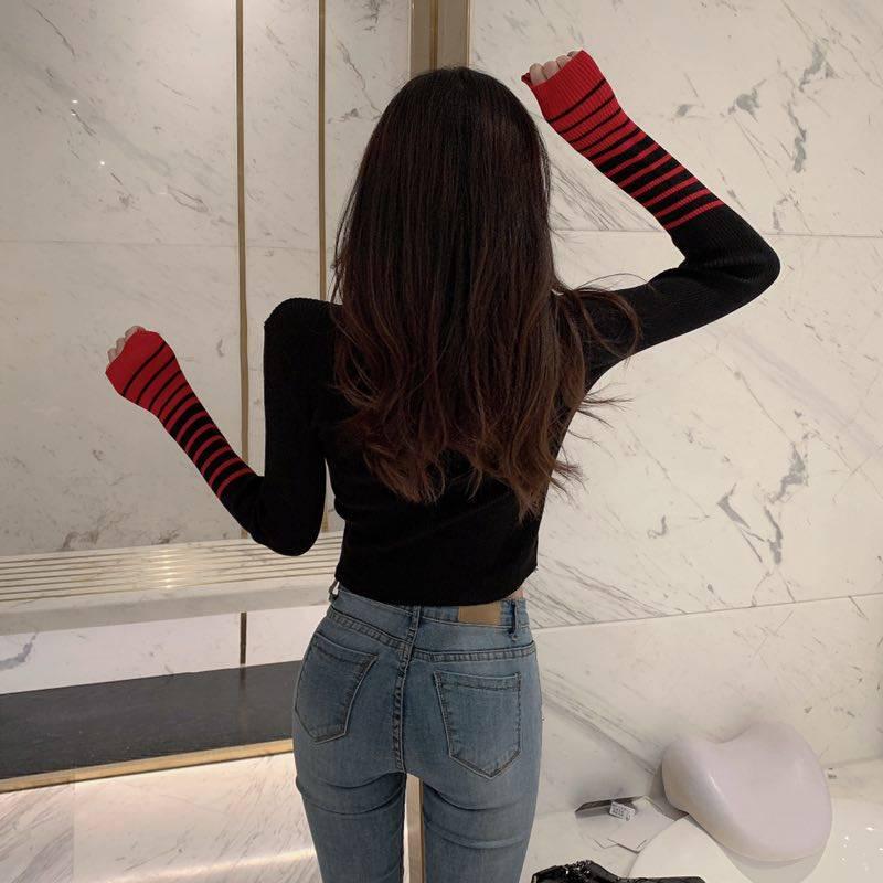 Pofulovestriped Tight Sweater Sweater Long Sleeves Net Red Color Matching Sweater Women's Retro