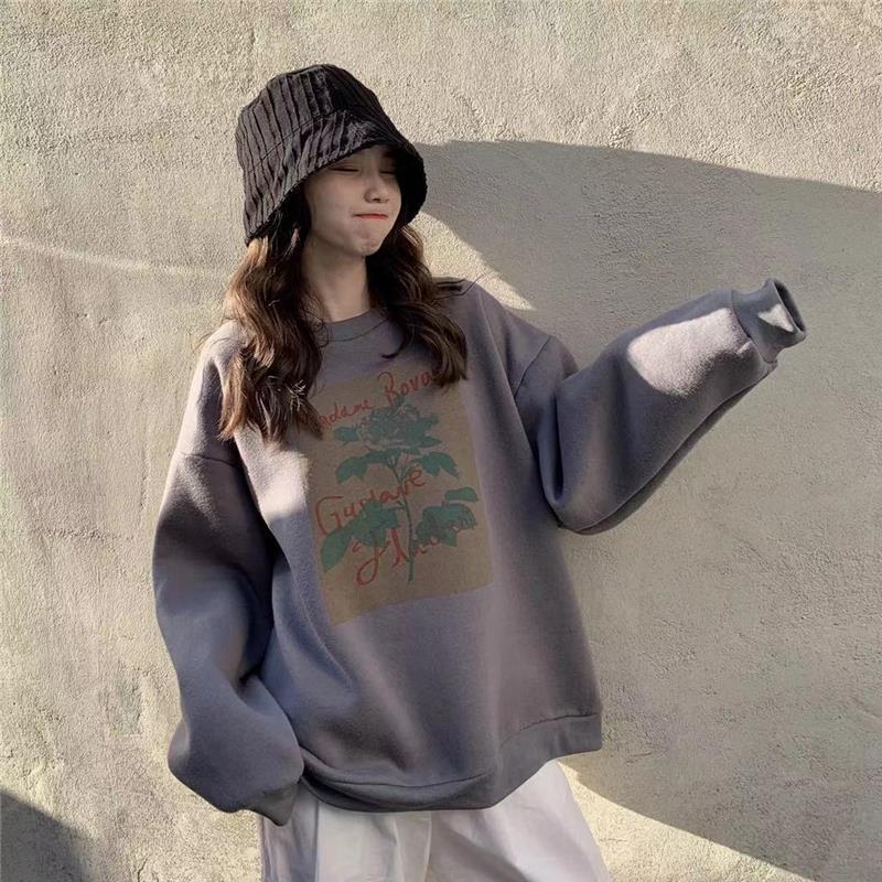 Spring Fall Polyester Flowers Printing Women Sweatshirt Loose O Neck Ladies Chic Female Pullovers