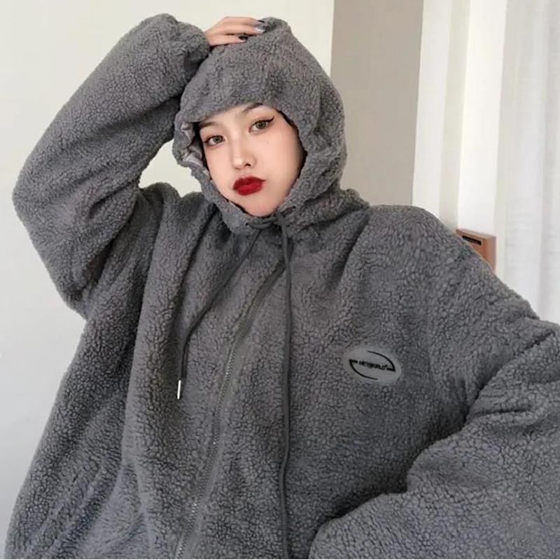 Winter Imitation Lamb Velvet Letters Plus Velvet Sweater Women Loose Warm Cardigan Jacket Ladies Casual Warm Jacket Plus Size Jacket