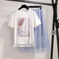 S-XL Summer Women Sample Pattern O-neck T-shirt+Mesh Skirt 2pc Office Lady T-shirt Skirt Suits Women Summer Set