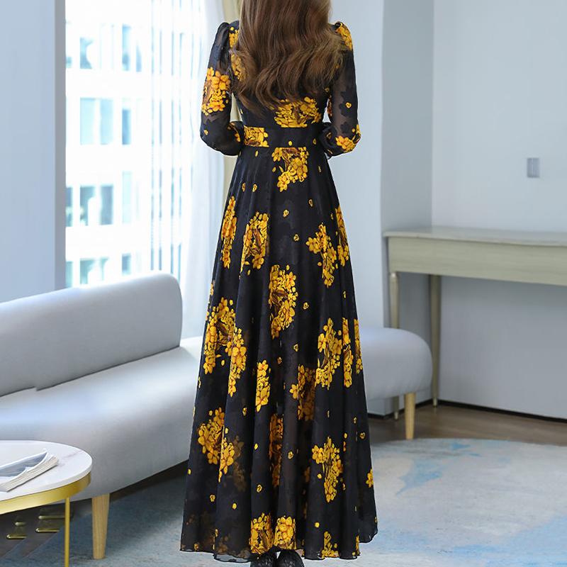 Chiffon Jacquard Long-sleeved Dress Spring and Autumn Models Waist Beach Big Swing Bow Long Skirt Women's French Retro Long Skirt Temperament