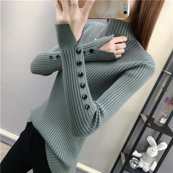 Autumn and Winter Half Turtleneck Loose Bottoming Shirt Button Split Sleeve Sweater Slim Casual Knit Sweater