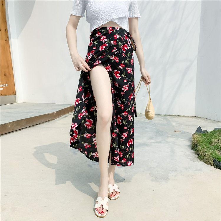 Women Boho Long Skirt Summer Beach Ladies Casual Skirts Floral Chiffon Tutu Skirt One-piece Skirt
