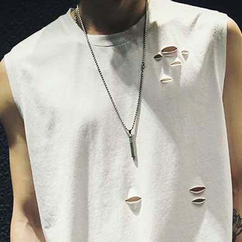 Summer Thin Rotten Hole Sleeveless T-shirt Loose Waistcoat Outer Wear Solid Color Trendy Vest