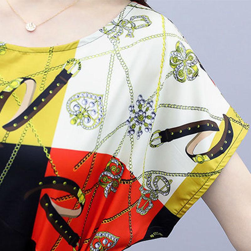 Women's Summer Short Sleeve Dress Slim Print Round Neck Skirt Slit Lace Up