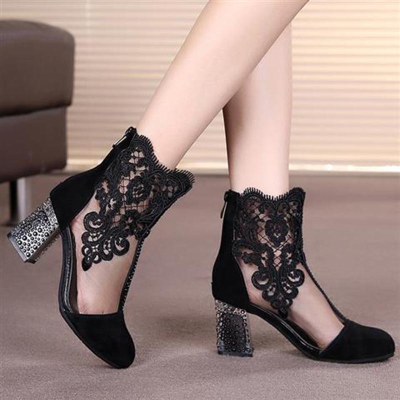 Spring  Summer Women's Boots  Leather High-heeled Mesh Short Boots Thick with All-match Pointed Toe Single Boots  Lace Hollow Pink Mesh Boots