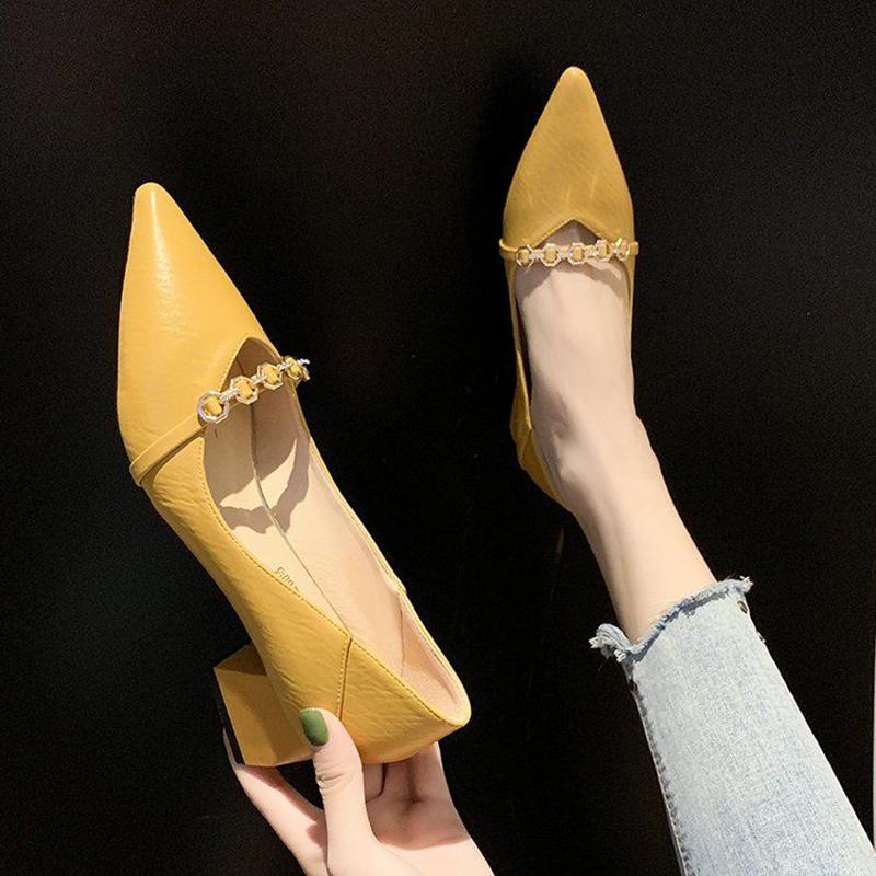 High Heels Women's Thick Heel Spring and Autumn All-match Pointed Toe Fashion Soft Leather Mid-heel Shoes