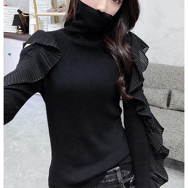 Spring European Style Ruffled Top Knitted Bottoming Shirt Slim Turtleneck Sweater Ladies