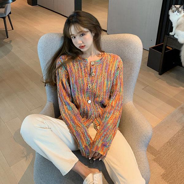 Bohemian Rainbow Colorful Cardigan Sweater Coat Short Top Women Loose Knit Sweater Outer Wear