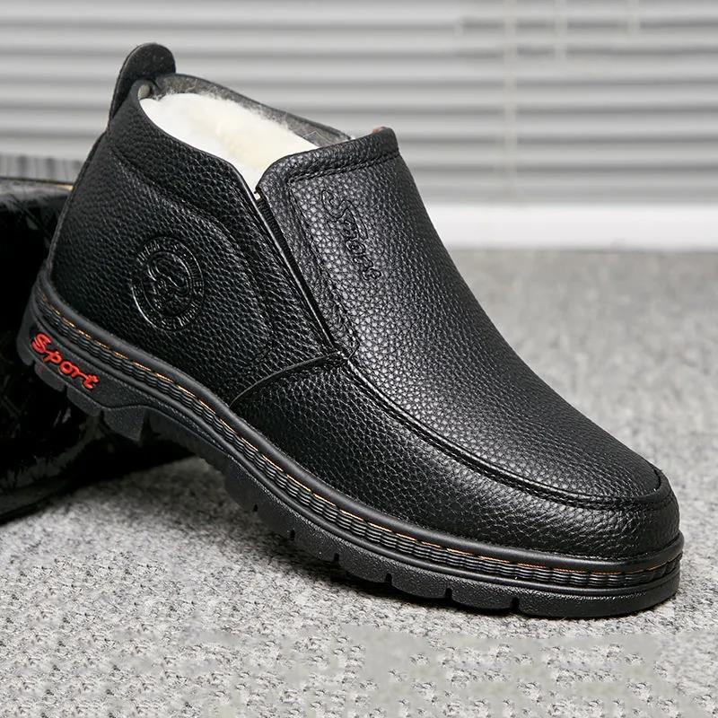 Men's Winter Cotton Shoes Leather Wool Fur Integrated Warm Cotton Leather Shoes Non-slip Dad Shoes