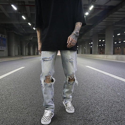 Classic Washed and Distressed Light Blue Ripped Cat Whiskers Slim-fit Jeans