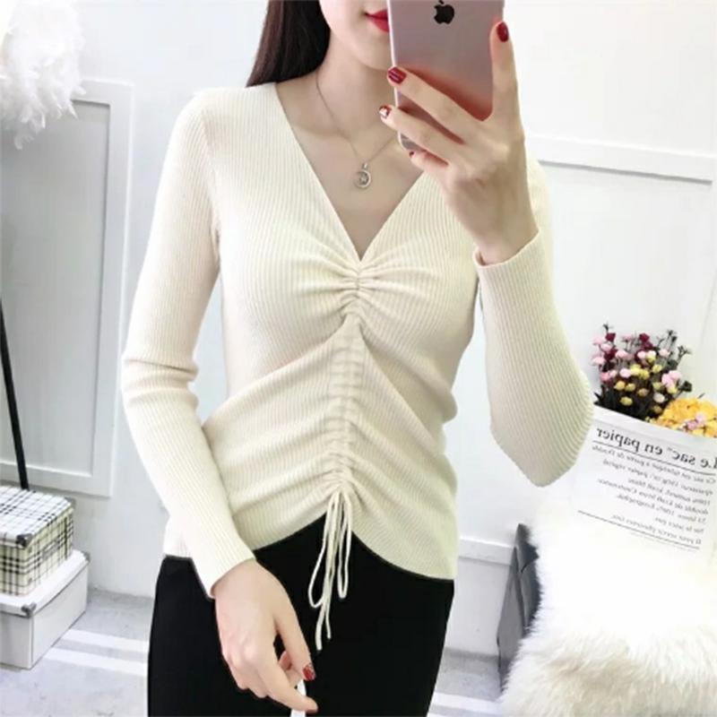 Women sweater sexy deep v-neck knitted loose long sleeve pullover sweater tops women