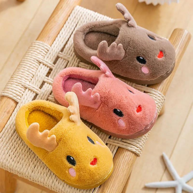 Autumn and Winter Cotton Slippers Children’s Cute Antler Slippers Non-slip Warm and Comfortable
