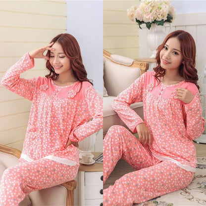 Women's Long Sleeve Floral Printing Pajamas Set Middle-aged Mom Sweet Loose Thin Home Wear Two-piece Set Spring Autumn Round Neck Pajamas Set