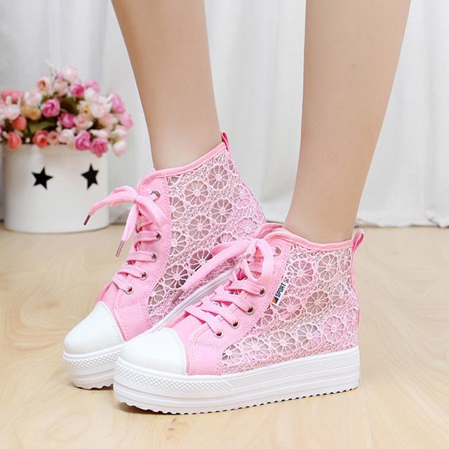 Cutouts Lace Canvas Shoes Hollow Floral Print Breathable Platform Women Casual Shoes Woman
